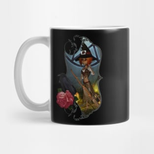 Cute little witch with pumpkin in the halloween night Mug